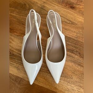 Jenn Ardor White Patent Pointed Slingback Kitten Heels